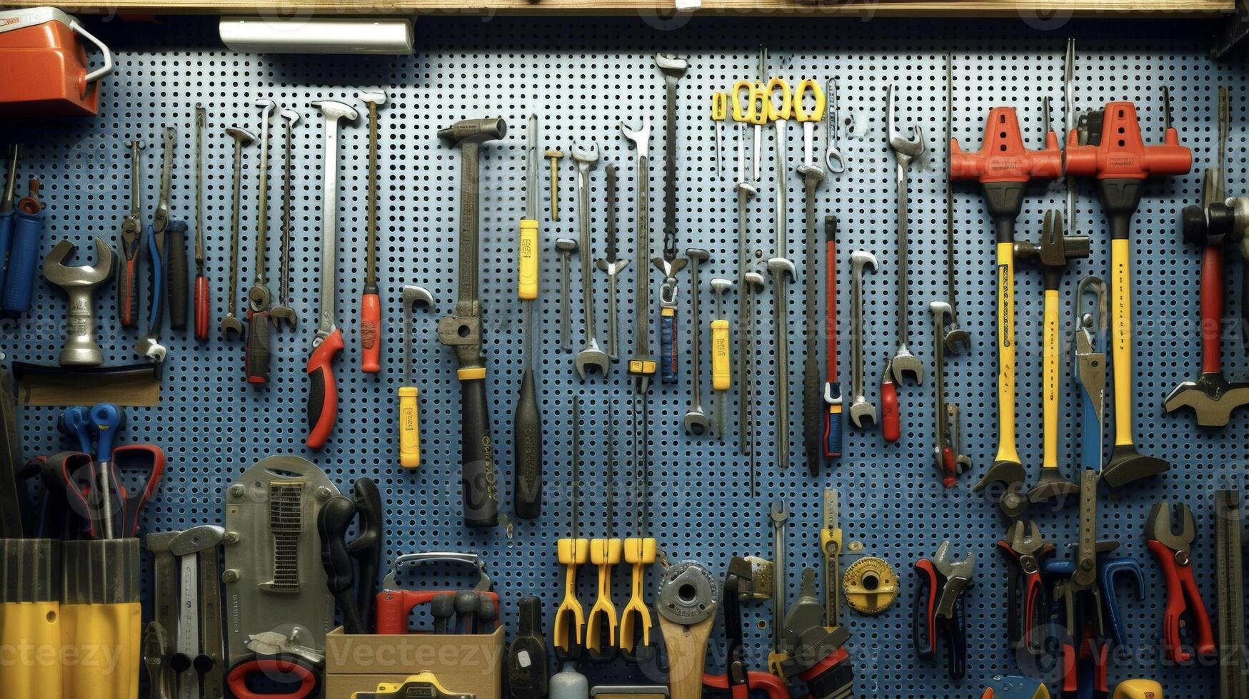 A pegboard wall covered with a variety of tools from hammers and screwdrivers to pliers and wrenches creating a visually appealing and efficient storage solution photo