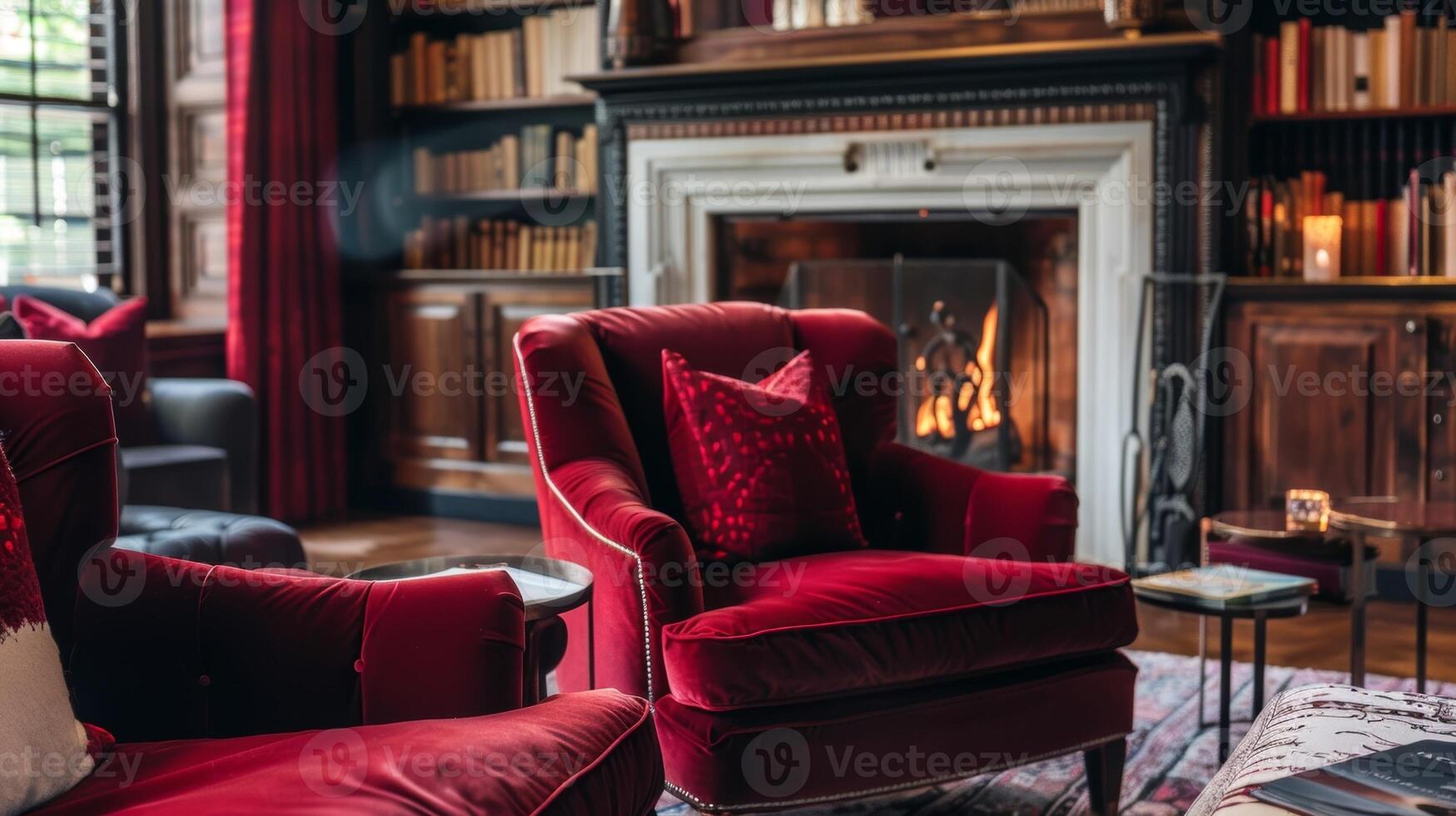 Plush velvet armchairs are positioned beside the fireplace providing the perfect spot to unwind and read a book. 2d flat cartoon photo
