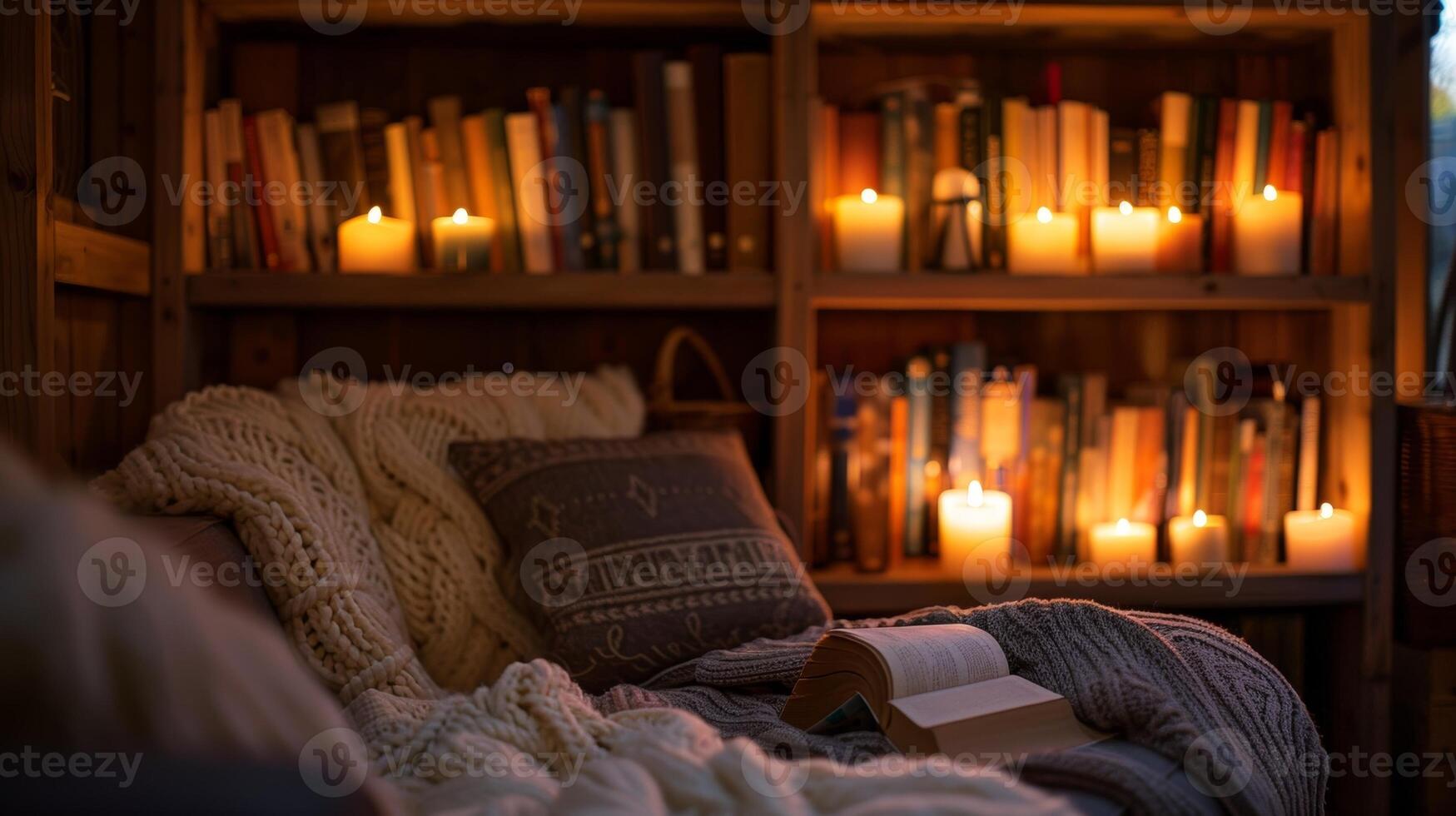 As night falls the reading nook becomes a peaceful retreat with the soft glimmer of candles providing a sense of comfort and coziness. 2d flat cartoon photo