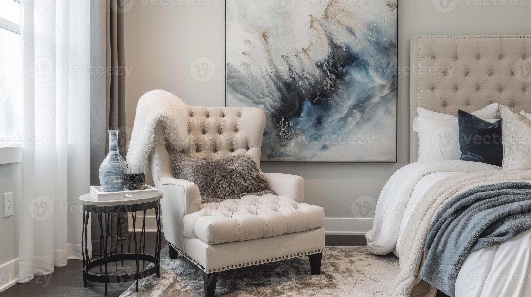 A cozy corner in a bedroom perfect for relaxation. A tufted armchair is paired with a plush faux fur rug and a side table topped with a scented candle. A large piece of abstrac photo
