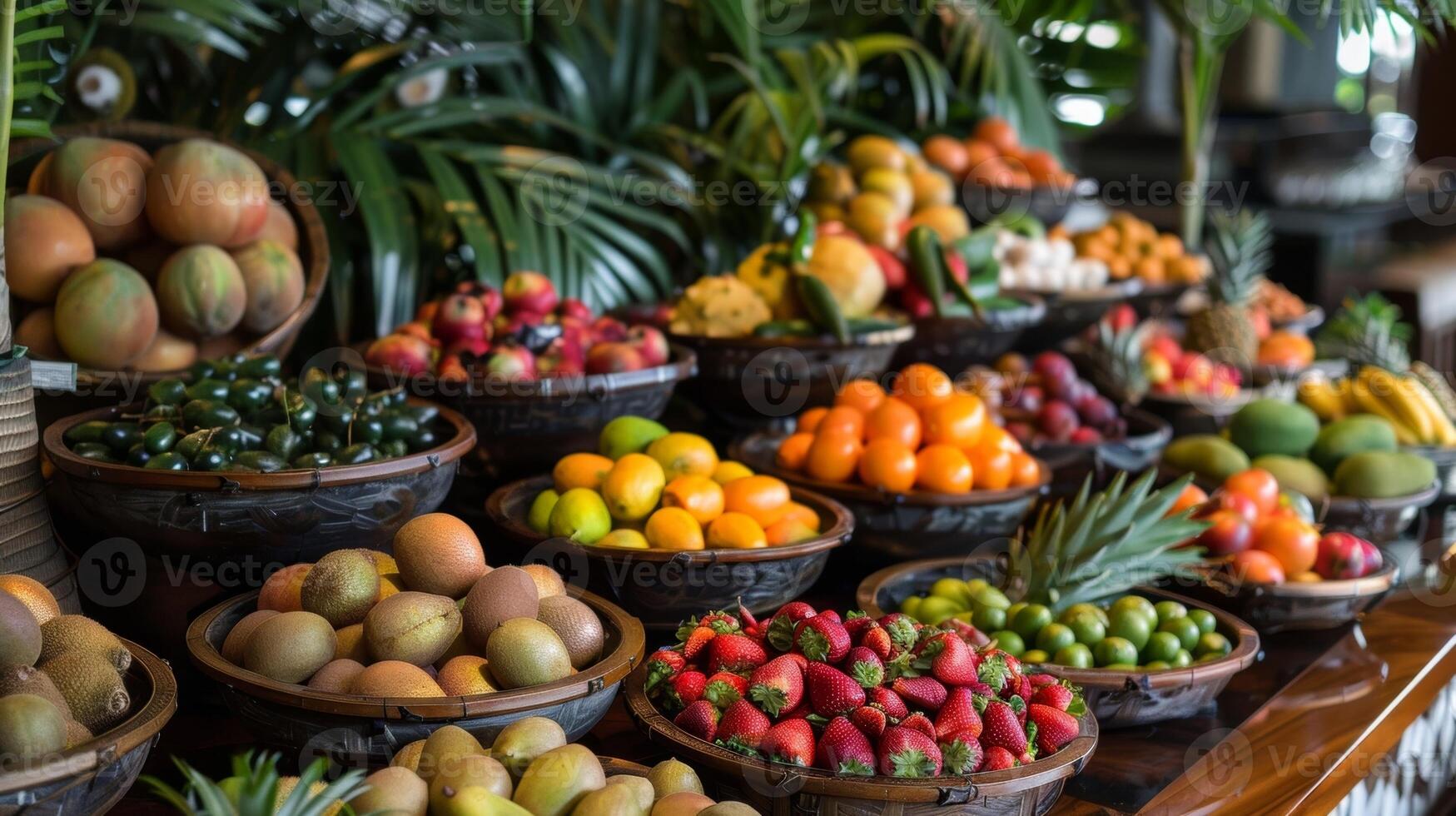 Let your curiosity guide you as you sample the unfamiliar and intriguing fruits on this buffet photo