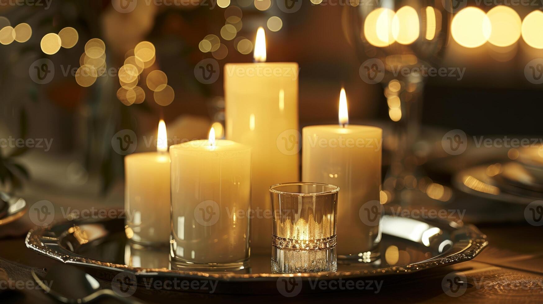Clustered together on a silver platter the candles create a dazzling display of light and shadows adding a touch of drama to the dining room. 2d flat cartoon photo