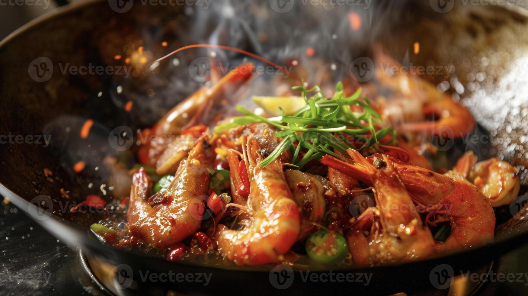 Fragrant es and sizzling seafood intertwine on a fiery wok igniting the senses with the fiery flavors of Southeast Asia photo