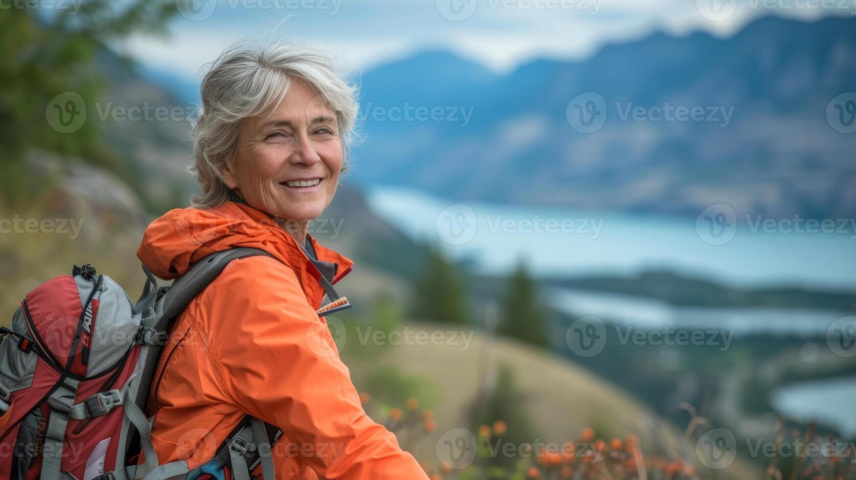 A woman smiles contentedly as she takes a break from her bike ride to admire the stunning view of a lake and mountains in the distance photo