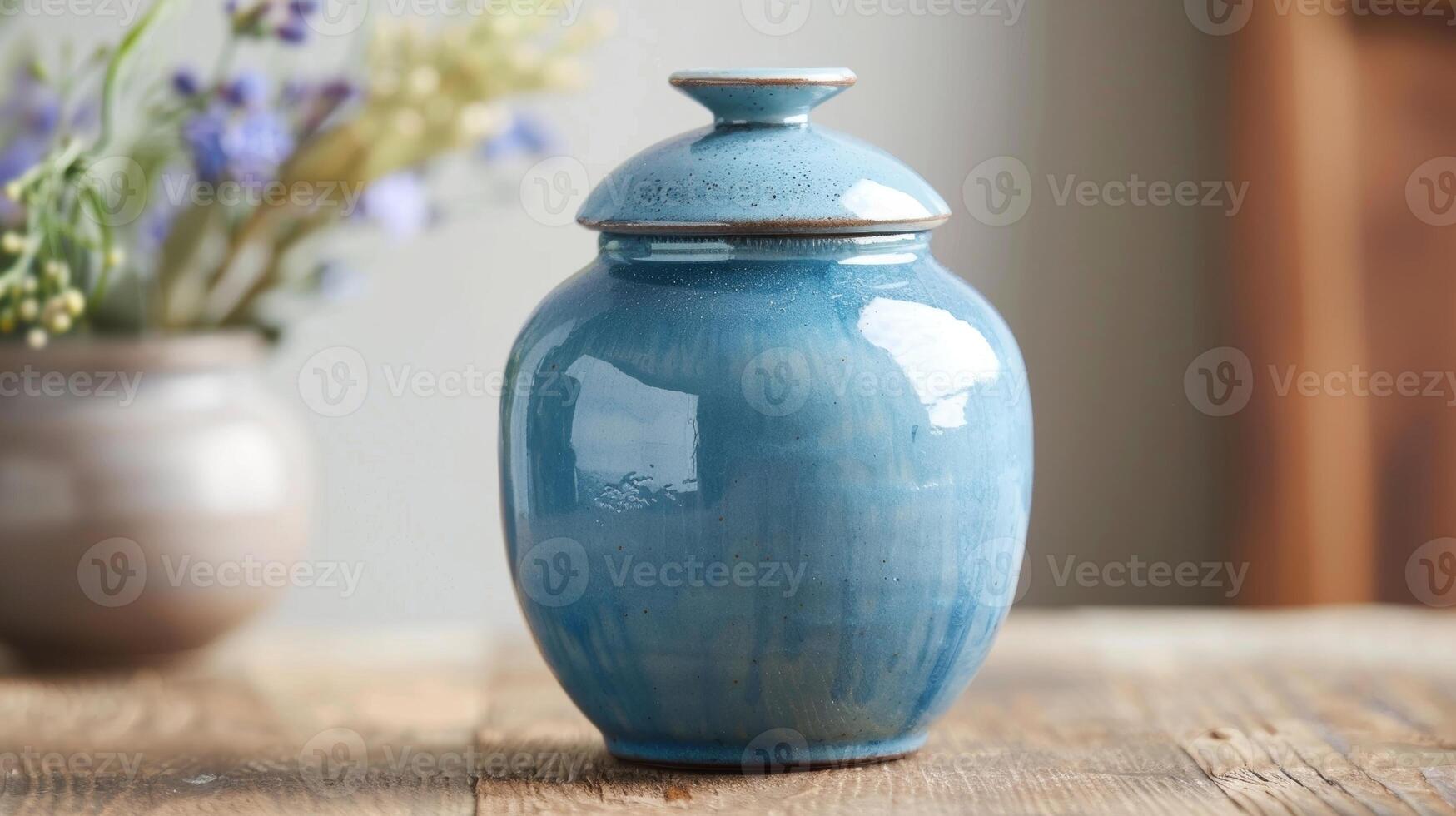 A mediumsized ceramic jar with a fitted lid featuring a soothing blue glaze and perfect for storing tea bags or loose leaf tea. photo