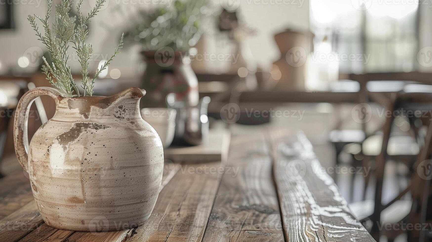 A rusticstyle ceramic pitcher with a distressed glaze finish and earthy tones makes for a lovely centerpiece on a farmhousestyle kitchen table. photo