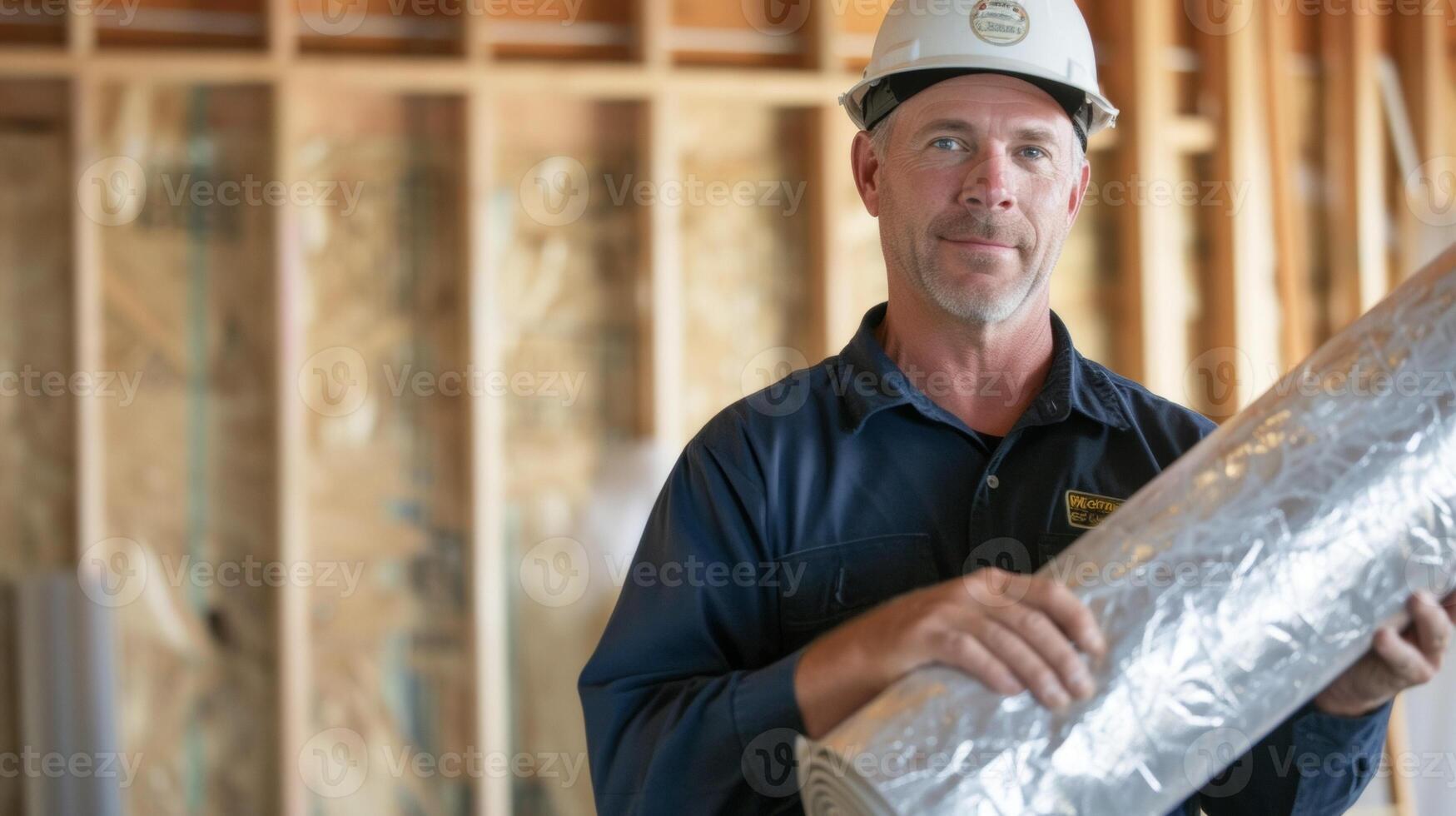 A technician holding up a roll of reflective foil insulation explaining how this material is ideal for blocking out heat in hot climates photo