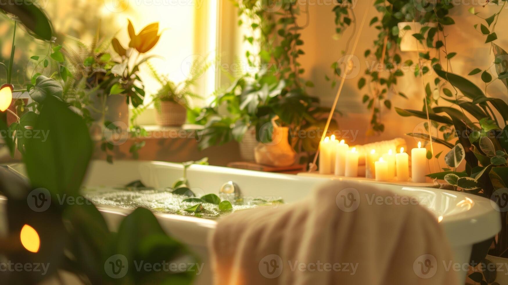 A bathtub surrounded by hanging plants candles and fluffy towels creating a tranquil oasis for a spa day escape at home photo