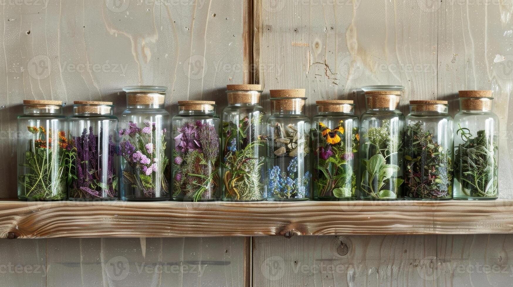 A selection of heatresistant glass jars filled with aromatic herbs to be used in the sauna for relaxation and wellness benefits. photo