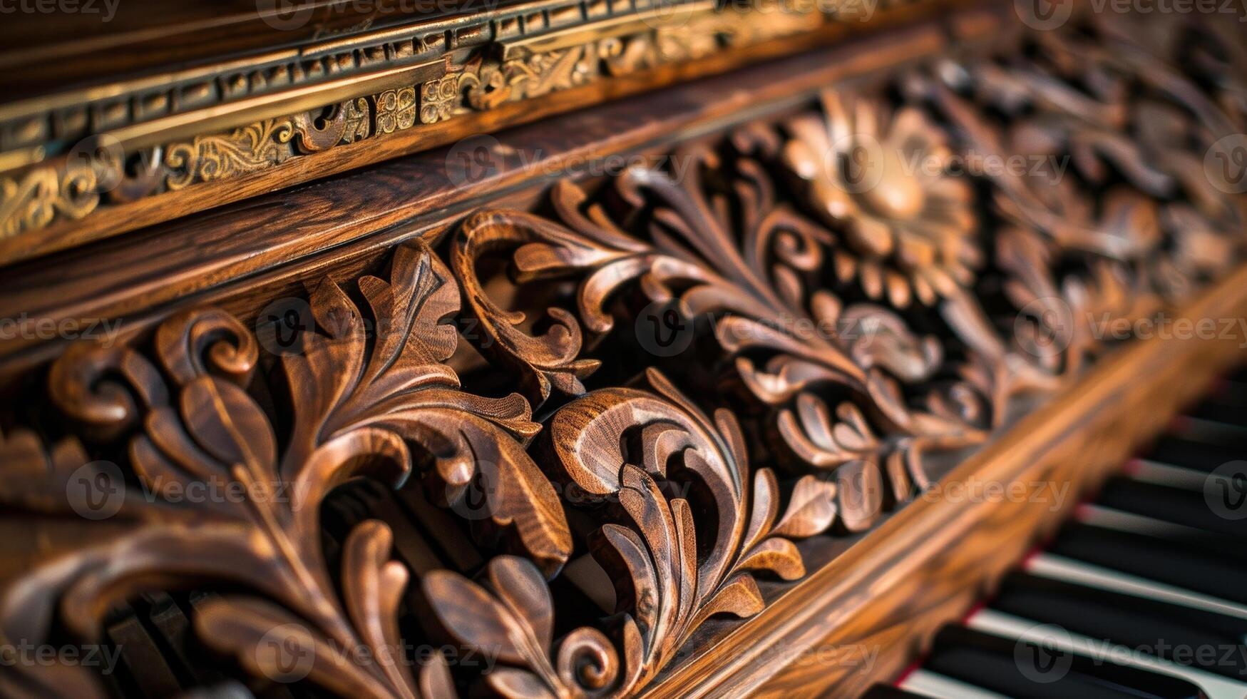 A closeup of a restored piano with its keys polished and the intricate woodwork cleaned and repaired photo