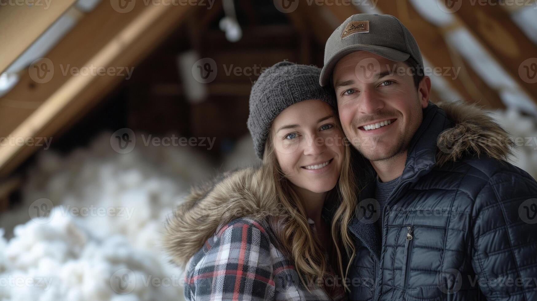 A happy couple poses in front of their upgraded attic insulation boasting a thick layer of ecofriendly sheeps wool insulation for improved energy efficiency and cost savings photo