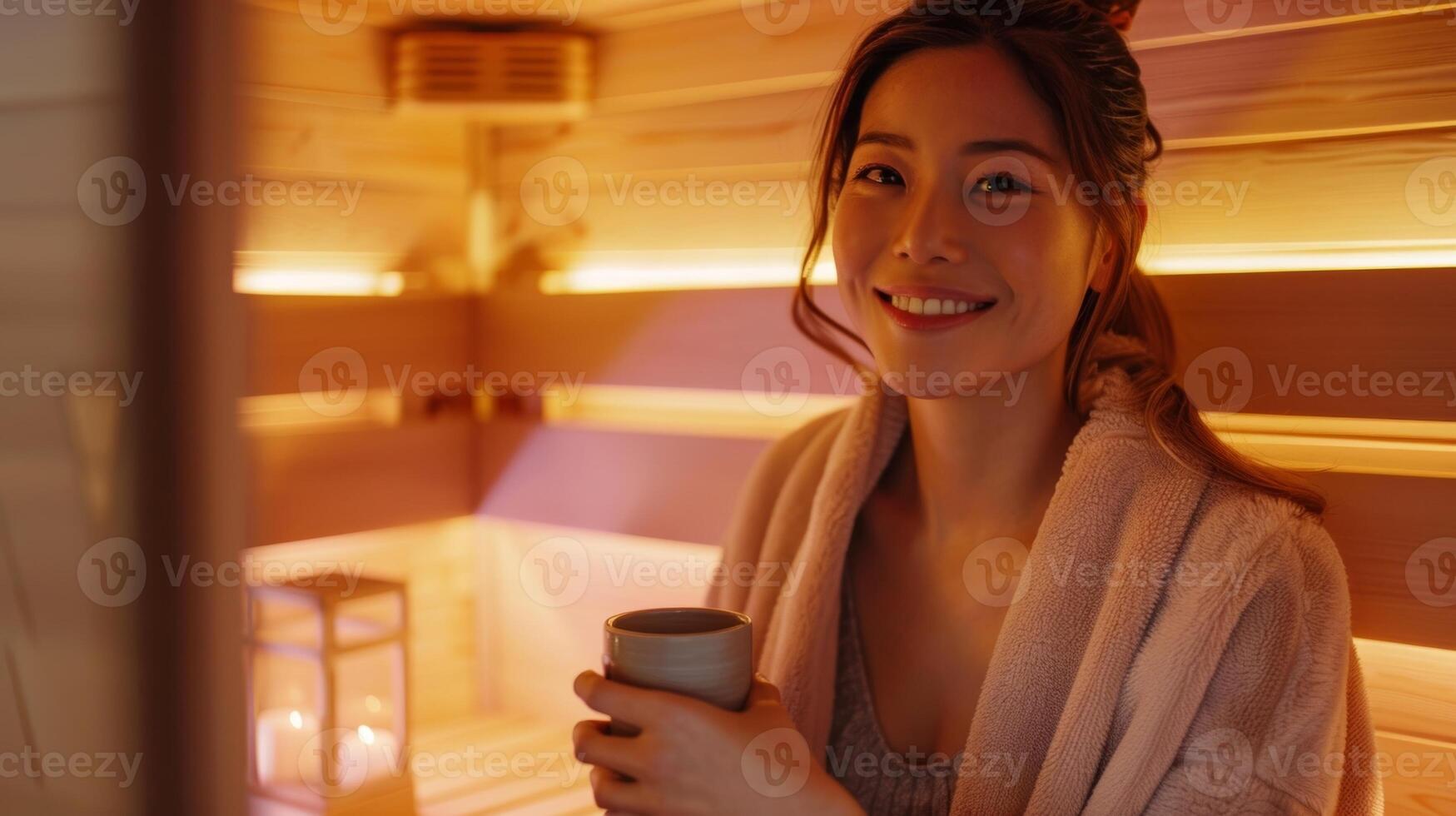 A person sitting inside the infrared sauna smiling and holding a cup of water. The caption suggests adding a small table or shelf inside the sauna for beverages and other essentials. photo