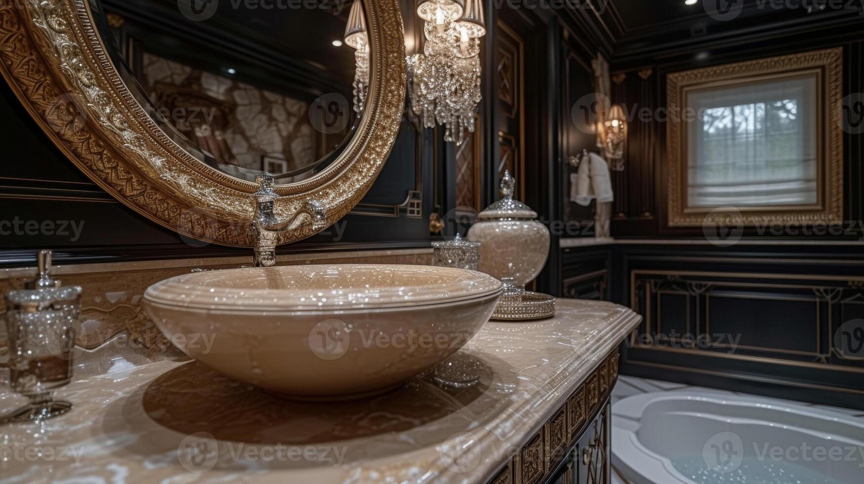 A stunning powder room design showcases a marble sink with intricate gold detailing complemented by a crystal sconce and intricate artwork photo