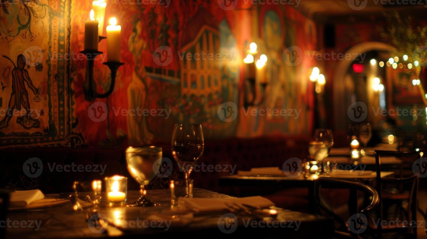 The flickering candlelight illuminates the handpainted murals on the walls adding a touch of whimsy to the moody atmosphere. 2d flat cartoon photo