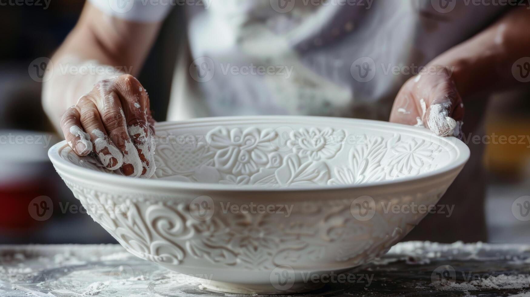 el experto manos de un Maestro artesano expertamente grabando un modelo sobre un prístino blanco porcelana bol. foto