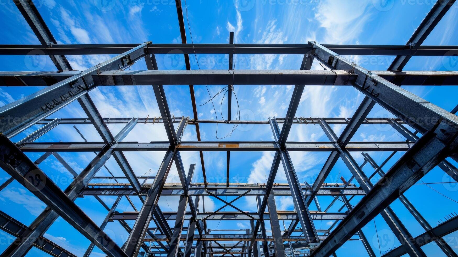 A web of steel beams crisscrosses in midair forming the skeletal outline of a future office building photo