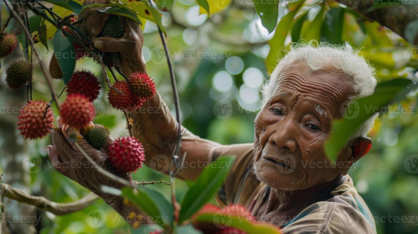 un mayor hombre utilizando un largo gancho a cuidadosamente reunir rambután frutas desde un alto árbol su décadas de experiencia evidente en su hábil movimientos foto