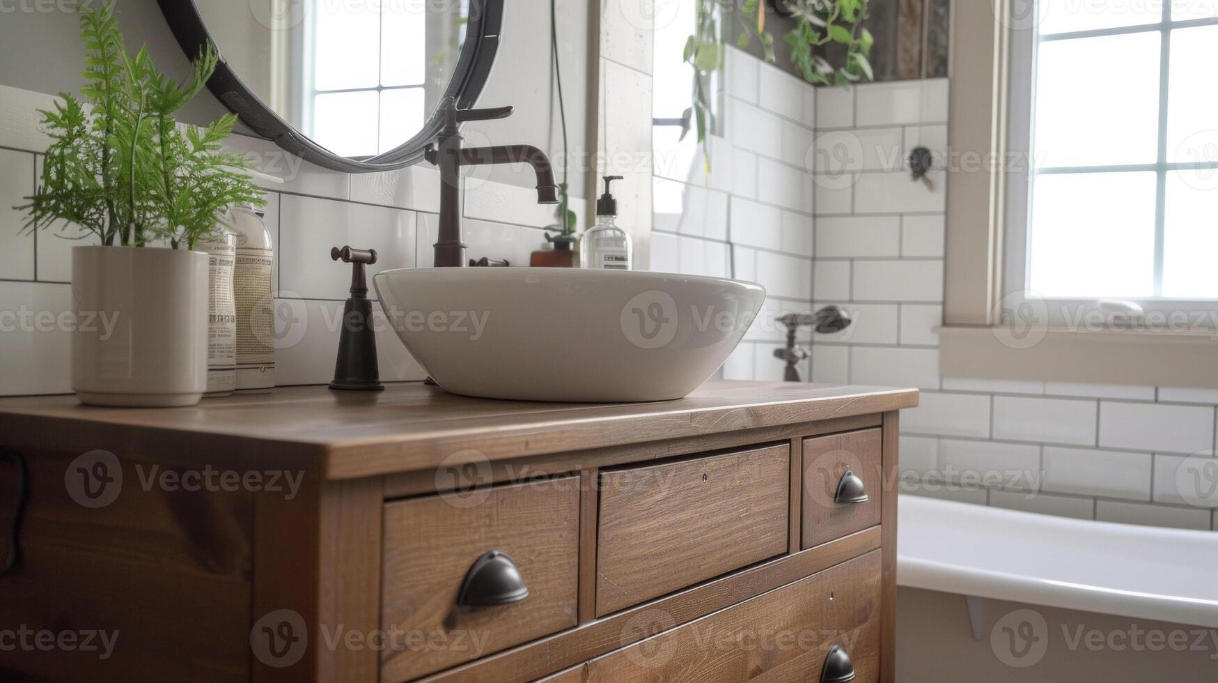 An image of a renovated bathroom featuring a new vanity and sink made out of a repurposed dresser exemplifying how to save money by repurposing existing furniture for a ne photo