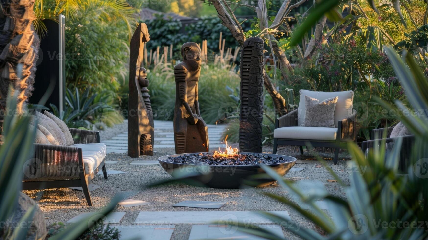 Sculptures of various sizes and styles encircle the fire pit creating a visually stimulating and thoughtprovoking space. 2d flat cartoon photo