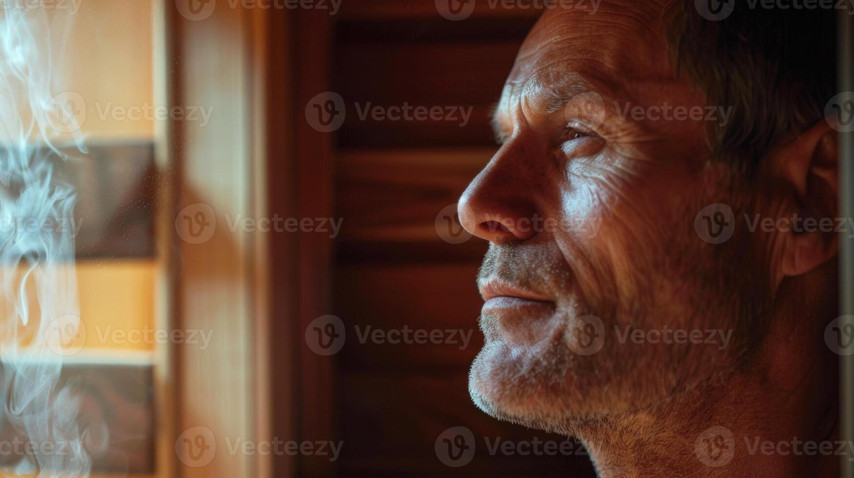 A man with fibromyalgia takes a break from his busy day to unwind in a personal sauna at home. As the gentle heat soothes his aching muscles he feels a sense of relief and calm wash photo