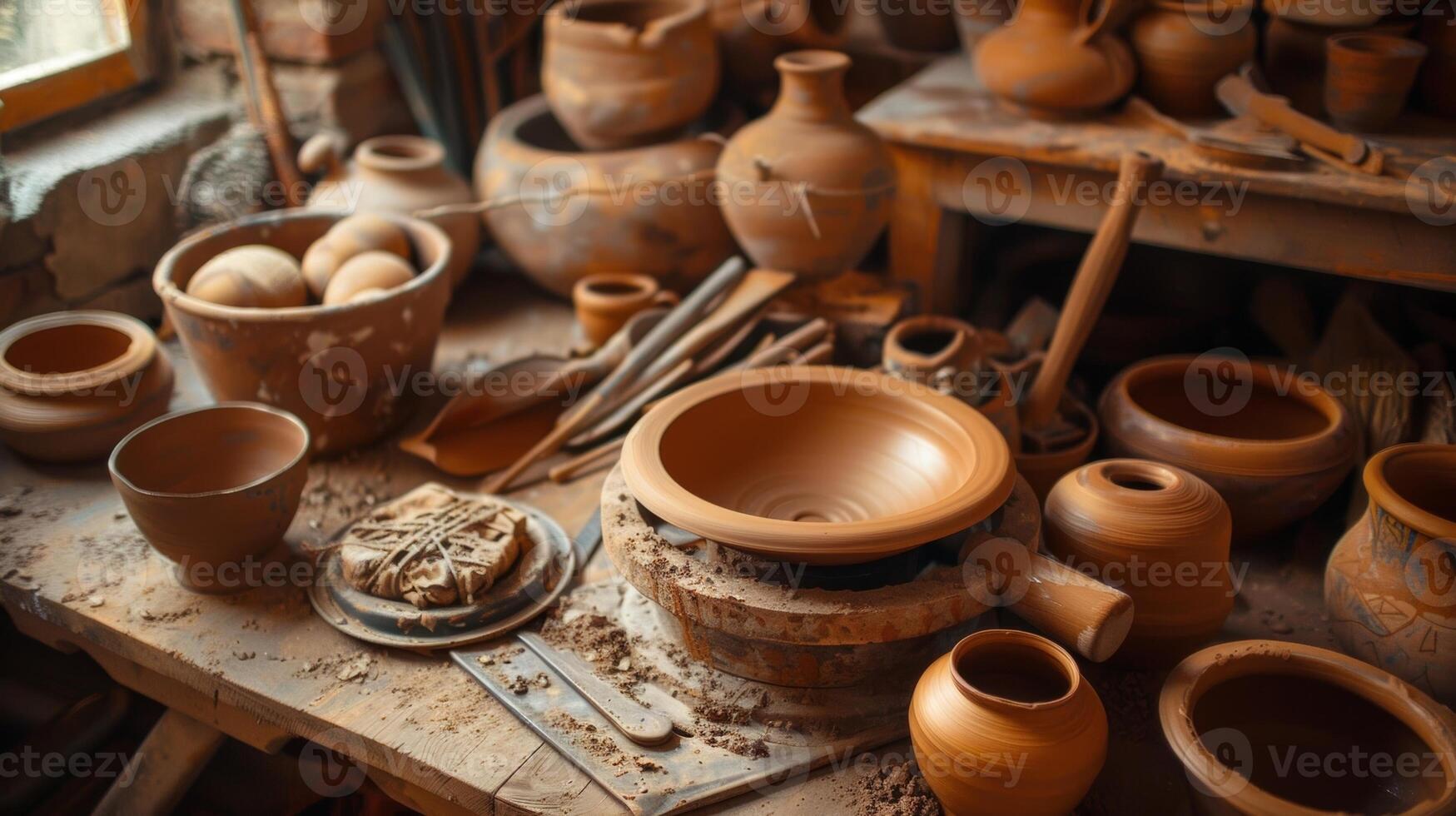 A rustic potters wheel surrounded by clay and pottery tools ready for a day of creating earthy masterpieces. photo