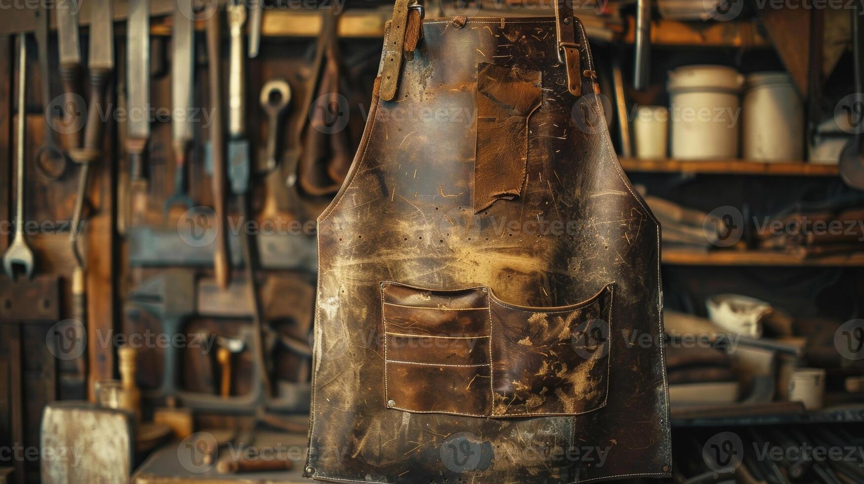 A sy leather apron hangs from the wall proudly displaying the tool marks and patina of years of dedicated use by a diligent leatherworker photo
