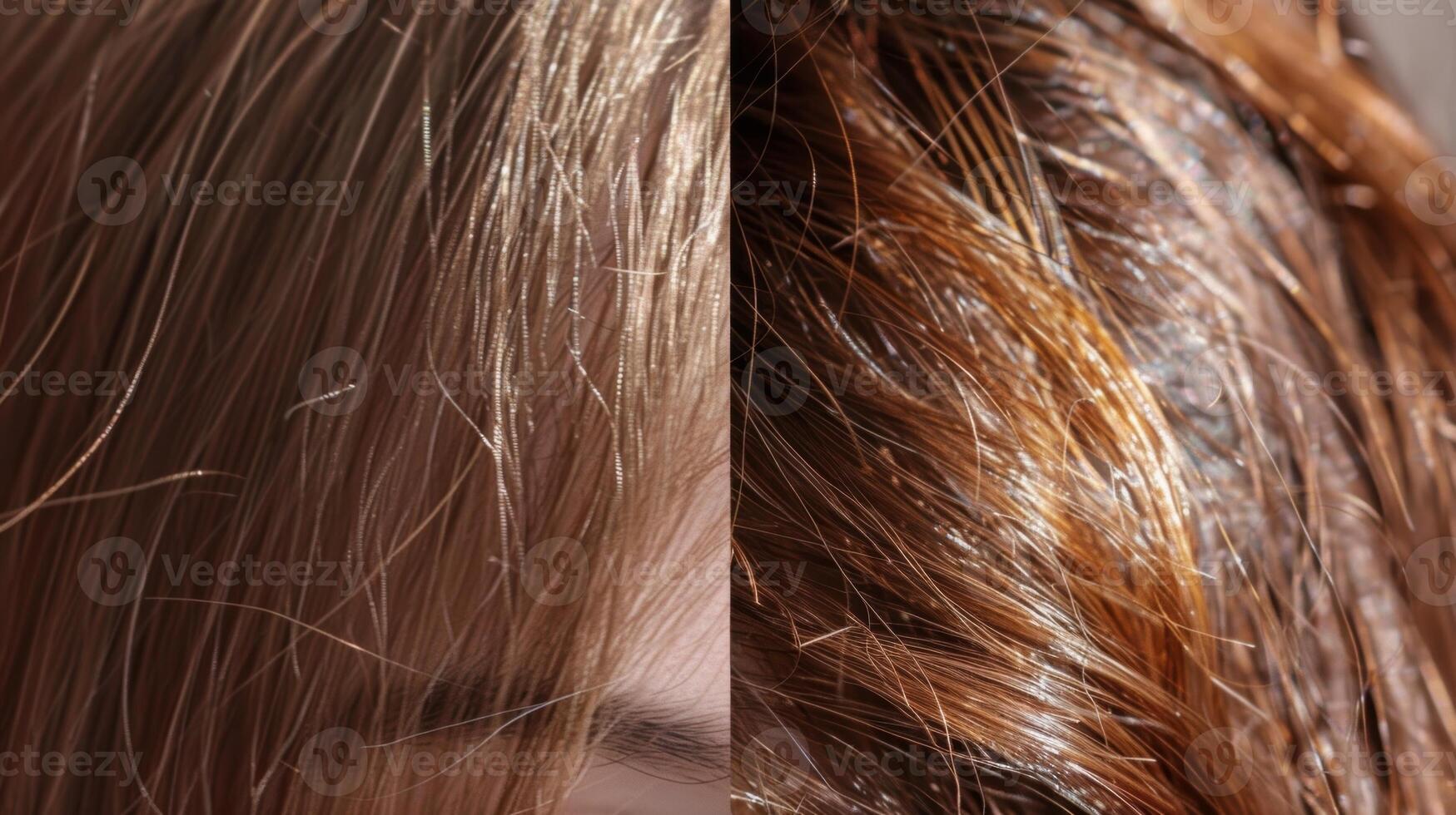 un comparación de pelo salud con el primero foto demostración seco y frágil pelo y el segundo foto demostración brillante hidratado pelo después regularmente utilizando un sauna.