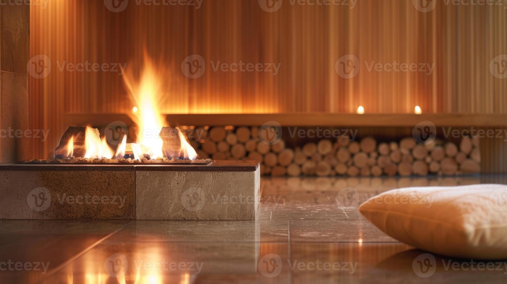 Nestled in the corner of the spas serene meditation room the fireplace radiates a comforting glow perfect for quiet reflection. 2d flat cartoon photo