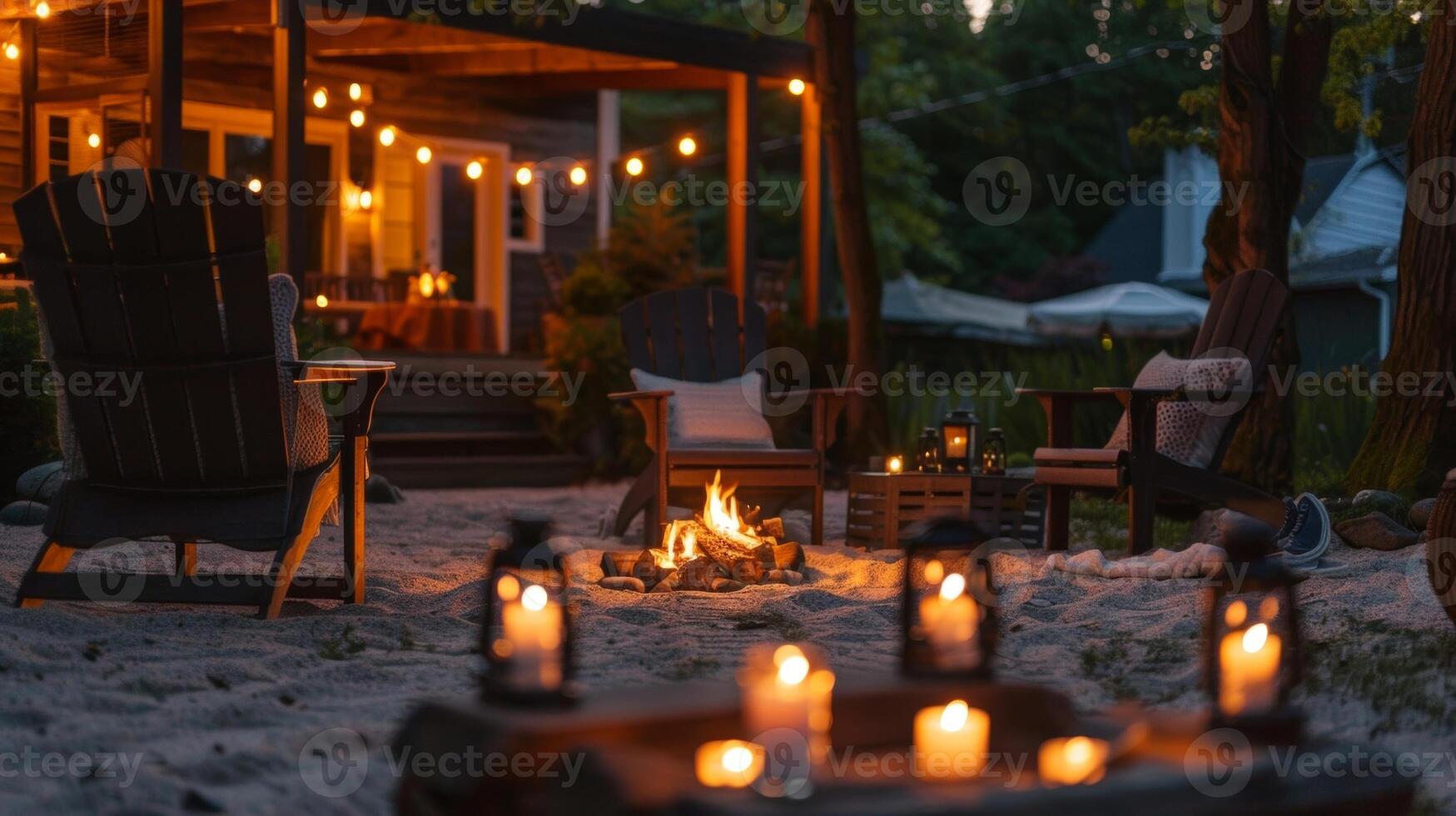 The soft glow of candles and the inviting warmth of the fire bring a cozy and intimate atmosphere to the outdoor movie experience. 2d flat cartoon photo