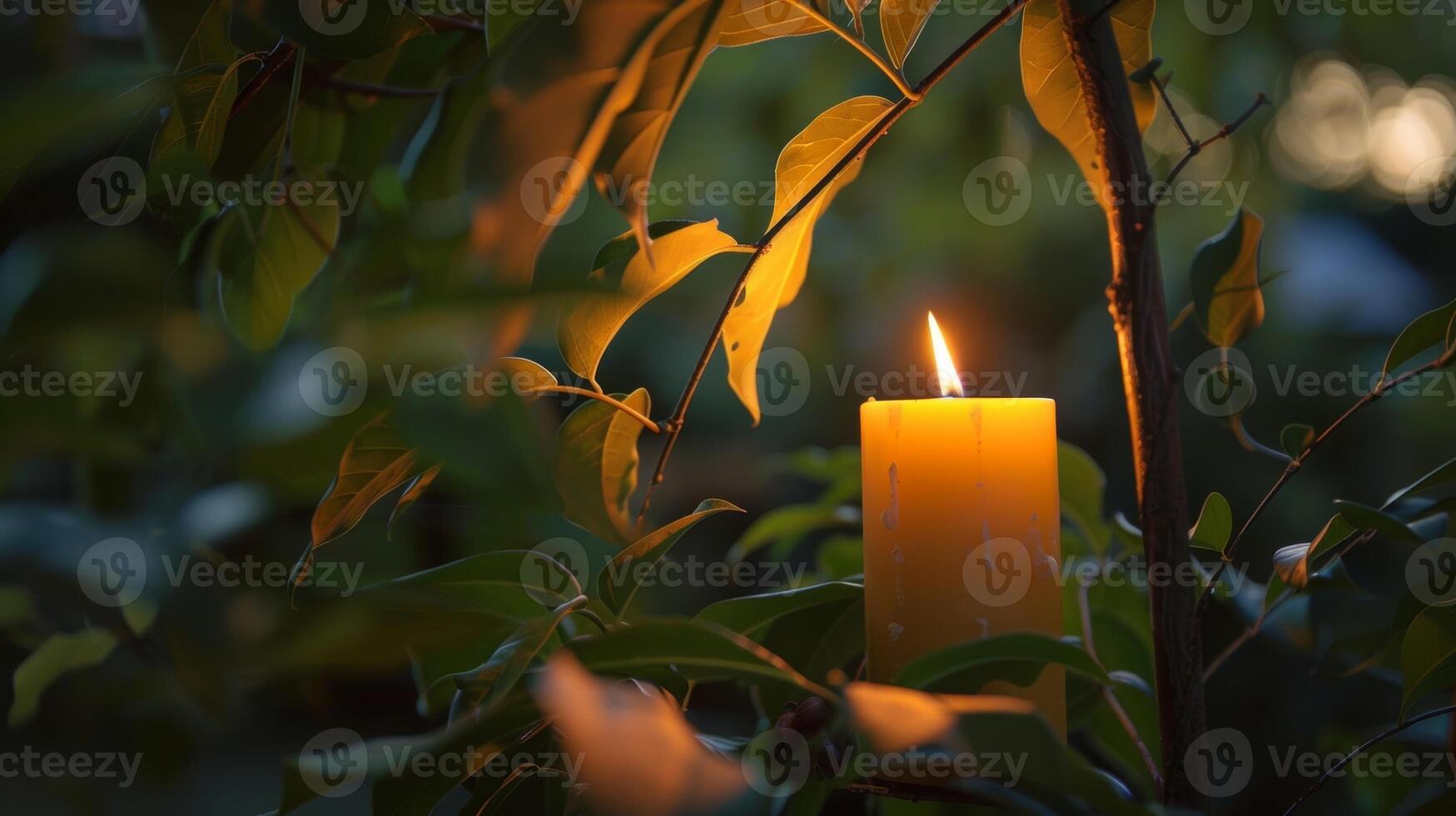 A gentle breeze rustles through the leaves causing the candle flames to flicker and dance in response. 2d flat cartoon photo