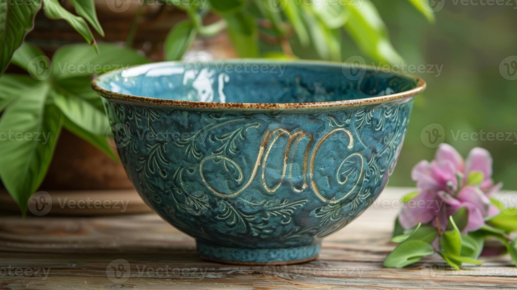 A personalized pottery bowl with a handcarved monogram and date making it a thoughtful birthday present for a loved one. photo