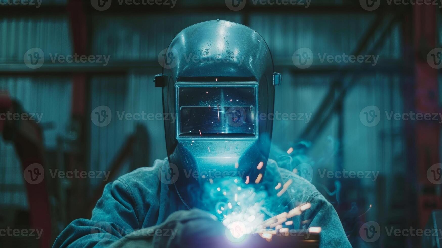A welding mask hides the expression on a workers face as they focus on creating a strong weld on a piece of metal piping photo