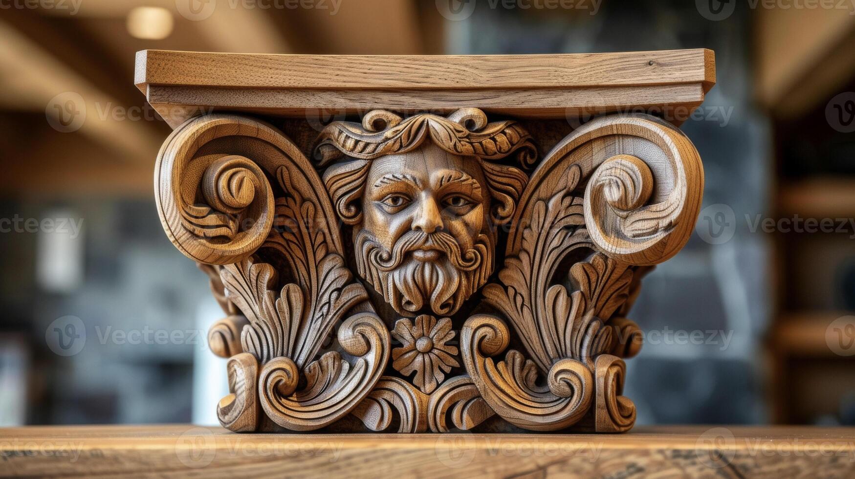 A closeup of a handcrafted wooden ceiling beam showcasing its intricate carvings and natural texture photo
