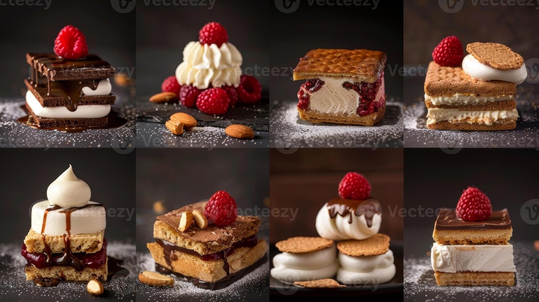 A montage of different gourmet smores being made including variations with white chocolate peanut butter cups and raspberry jam photo