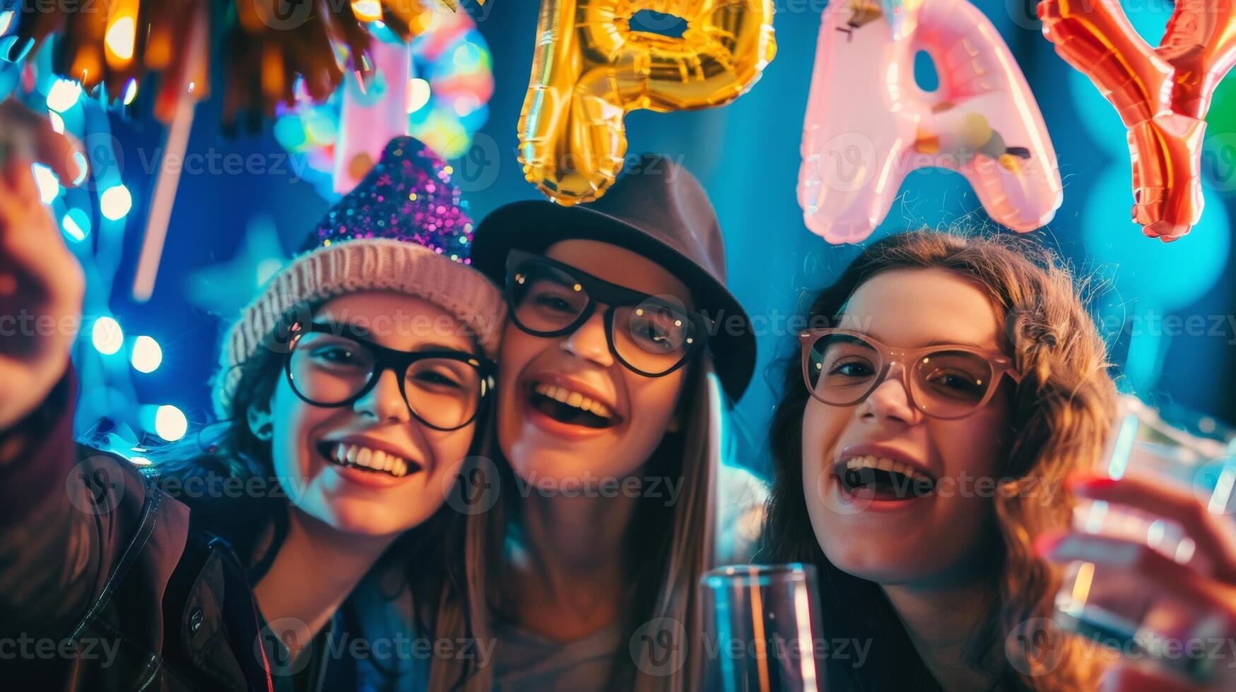 A banner reading Happy New Year hanging above a photo booth where guests are taking silly pictures with props and signs