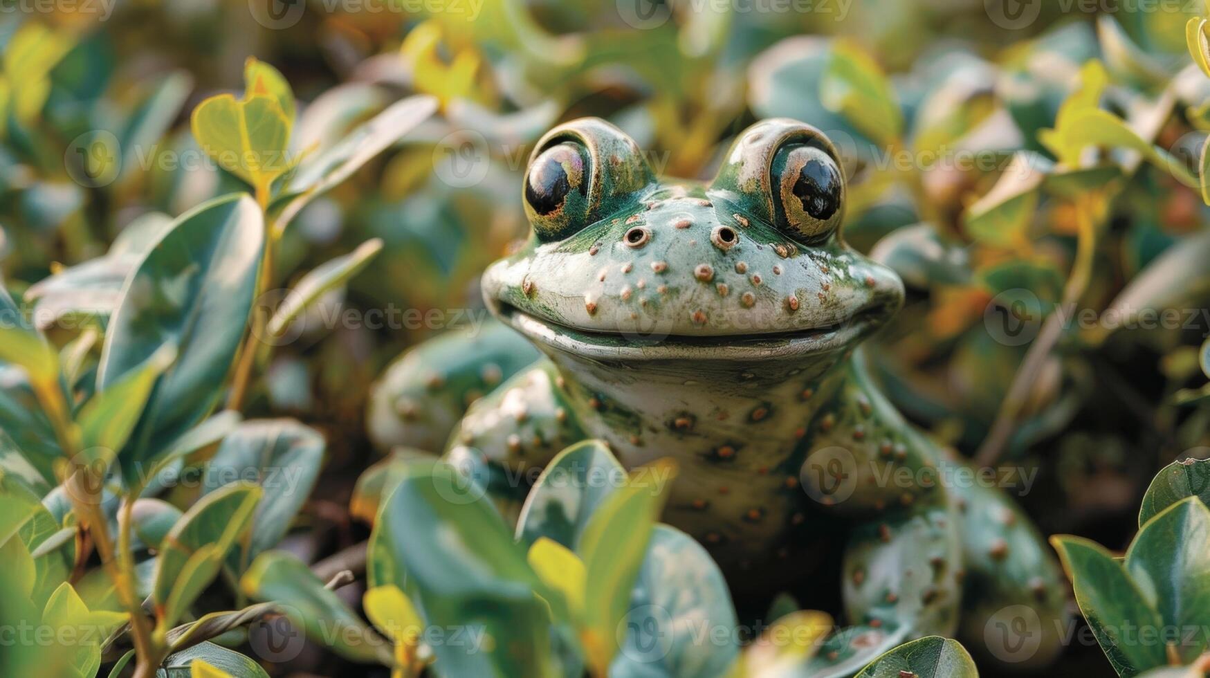 A charming ceramic frog statue peeks out from behind a bush creating a sense of surprise and delight in the garden. photo