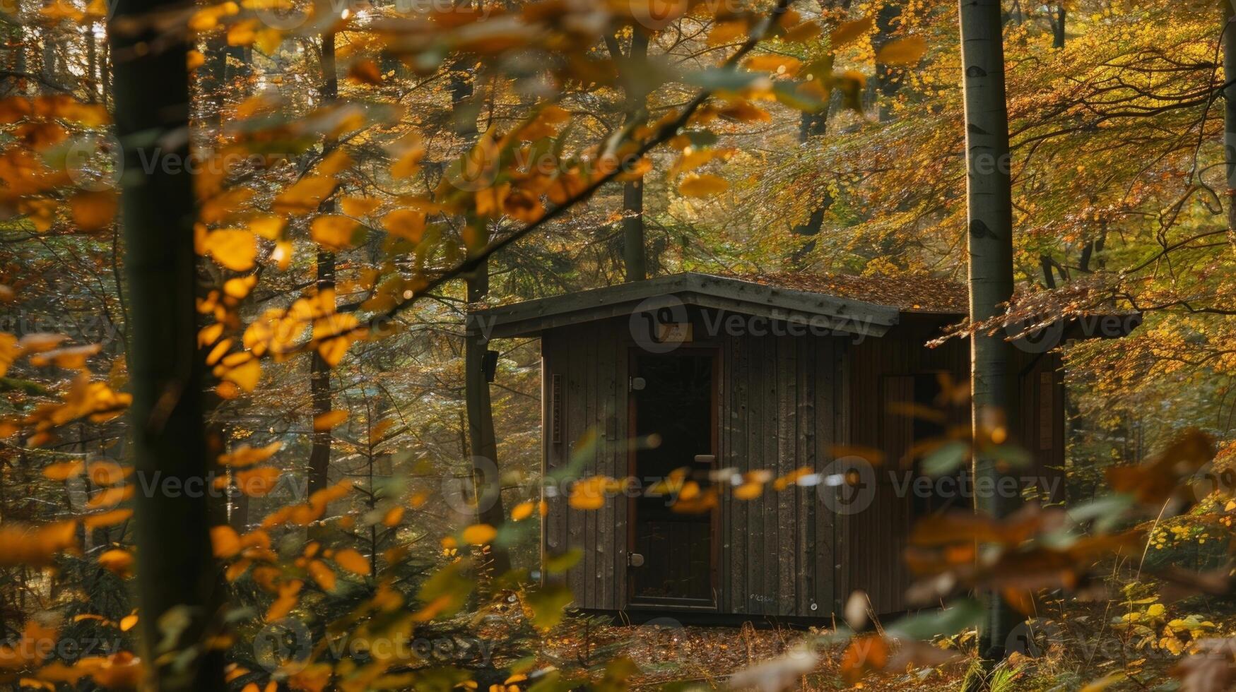 A shot of a sauna in the middle of a serene forest setting with the sound of chirping birds and rustling leaves adding to the peaceful ambiance. photo