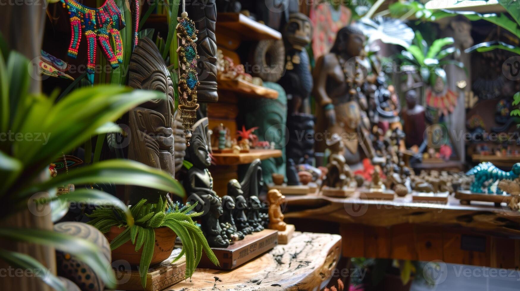 A small gift shop area offers souvenirs such as handmade jewelry and carved figurines reminiscent of the tropical rainforest photo