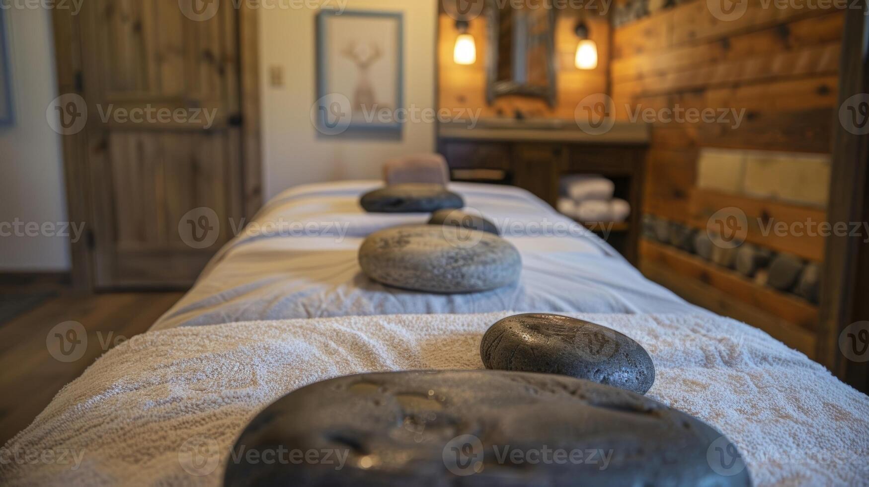 A the uses hot stones to warm and soothe tight muscles providing additional benefits and relaxation during the massage photo