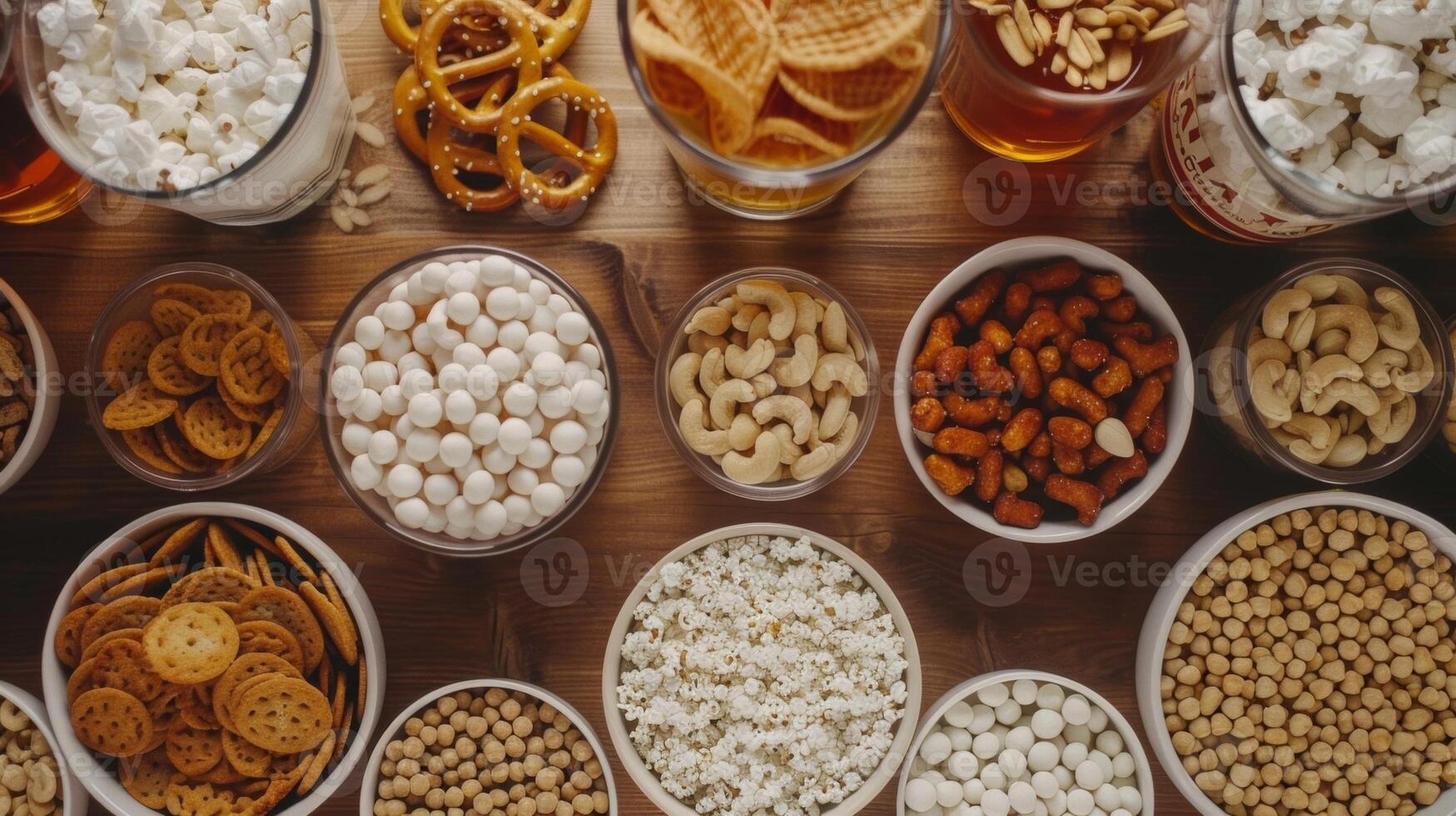 A table filled with different types of snacks including nuts pretzels and popcorn to pair with the various nonalcoholic brews being tasted photo