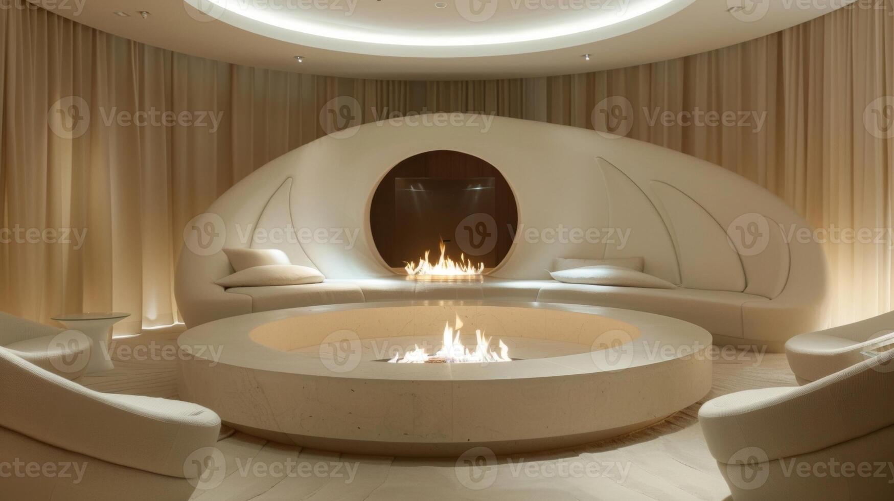 A luxurious sitting area with a circular fireplace in the center its polished white stone reflecting the light from the flickering flames. Soft plush chairs surround 2d flat cartoon photo