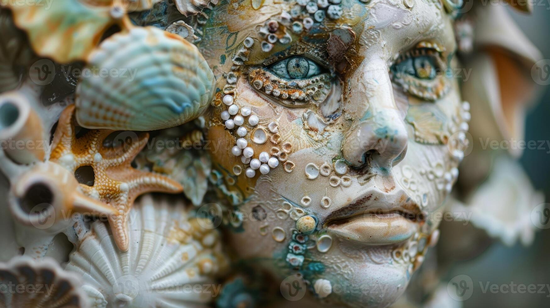 A series of ceramic masks adorned with seashells beads and other mixed media elements evoking the idea of a mythical sea creature come to life. photo