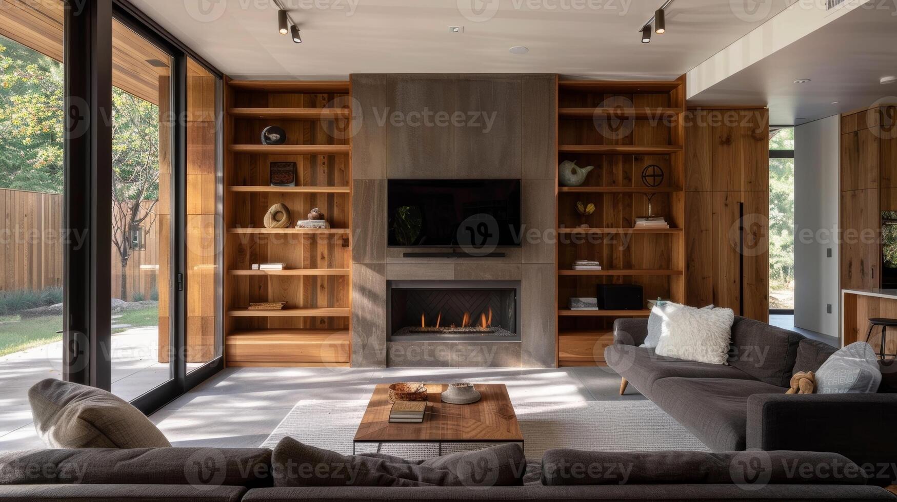 The wood paneled shelving surrounding the fireplace adds a touch of rustic charm to the modern living space. 2d flat cartoon photo