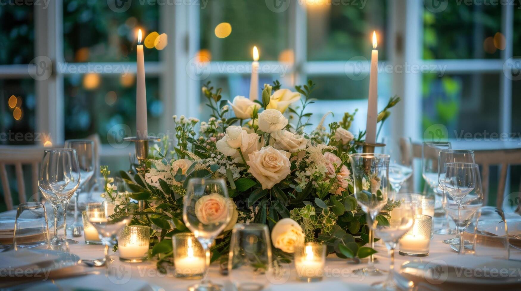 The candlelit centrepiece of fresh flowers and greenery perfectly complements the ethereal lighting creating a beautiful and inviting setting. 2d flat cartoon photo