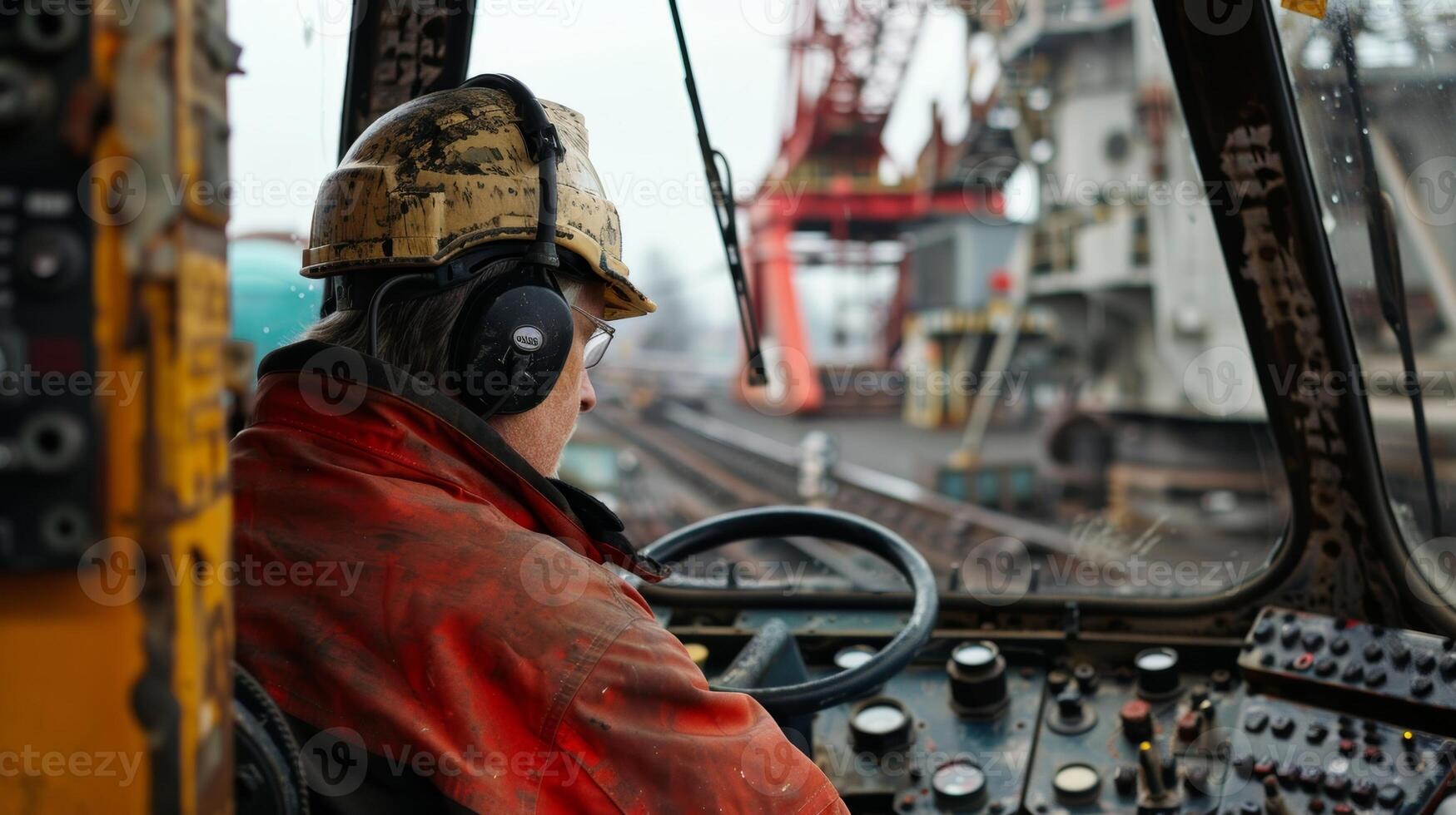 Sitting amid a sea of buttons and levers the operator expertly navigates the crane as it lifts heavy materials photo