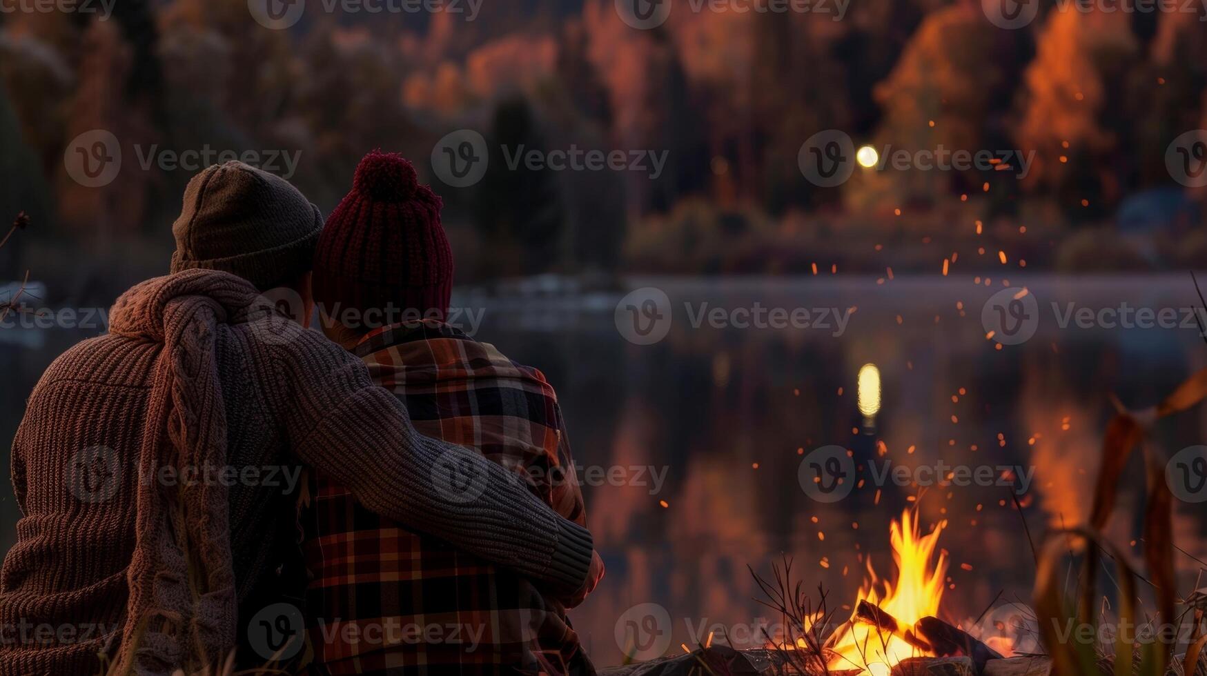 The warmth of the fire brings a sense of comfort as the couple cuddles up together enjoying the peacefulness of nature. 2d flat cartoon photo