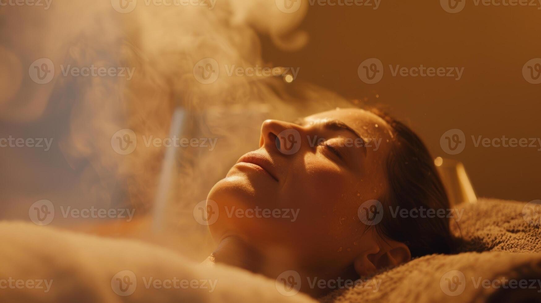 A woman lies on a towel her face serene and her body enveloped in the warm soothing steam of the sauna. photo