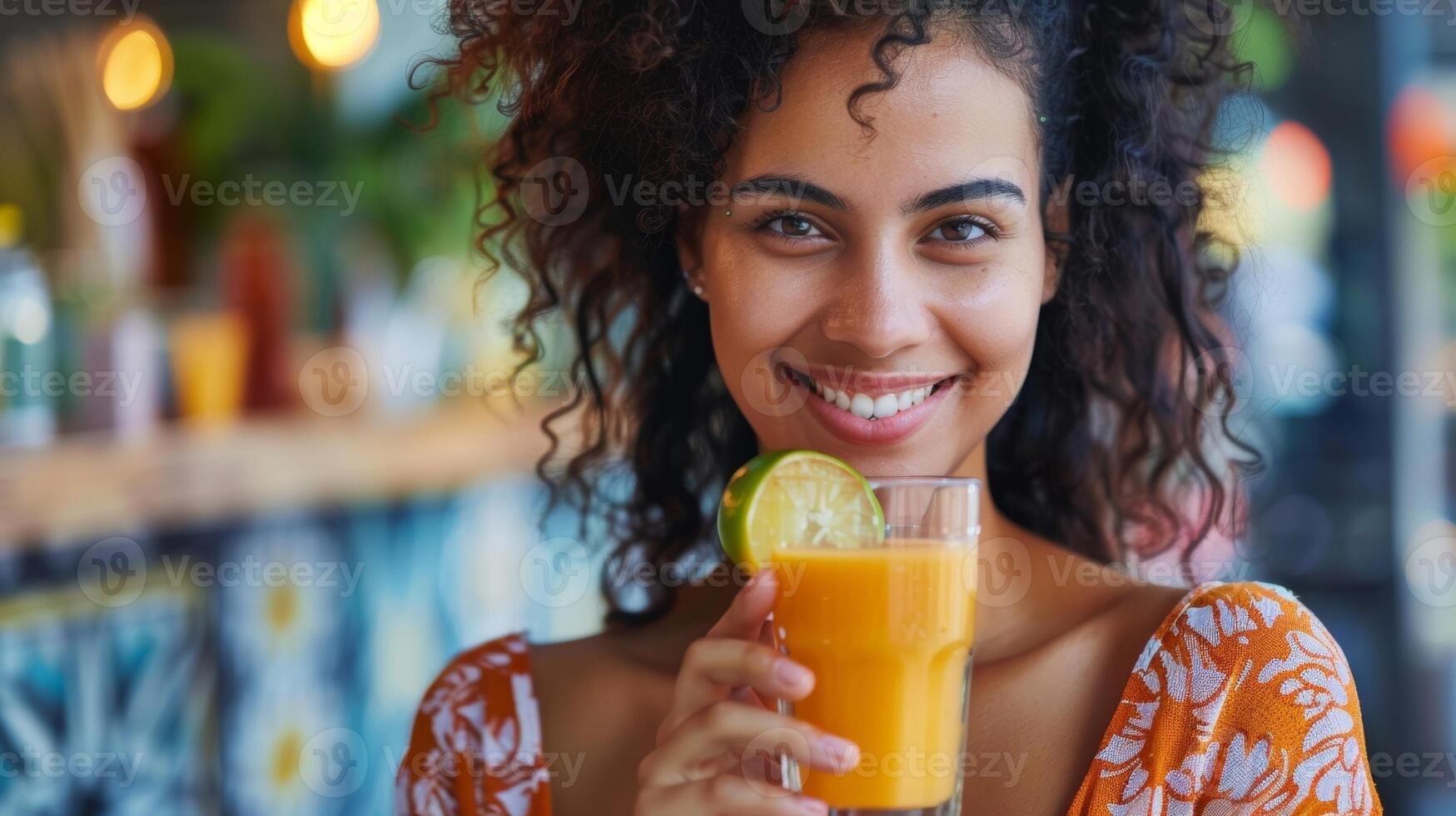 A woman smiling as she holds a coldpressed juice in hand grateful for the natural energy it provides while also improving her overall health and wellbeing photo
