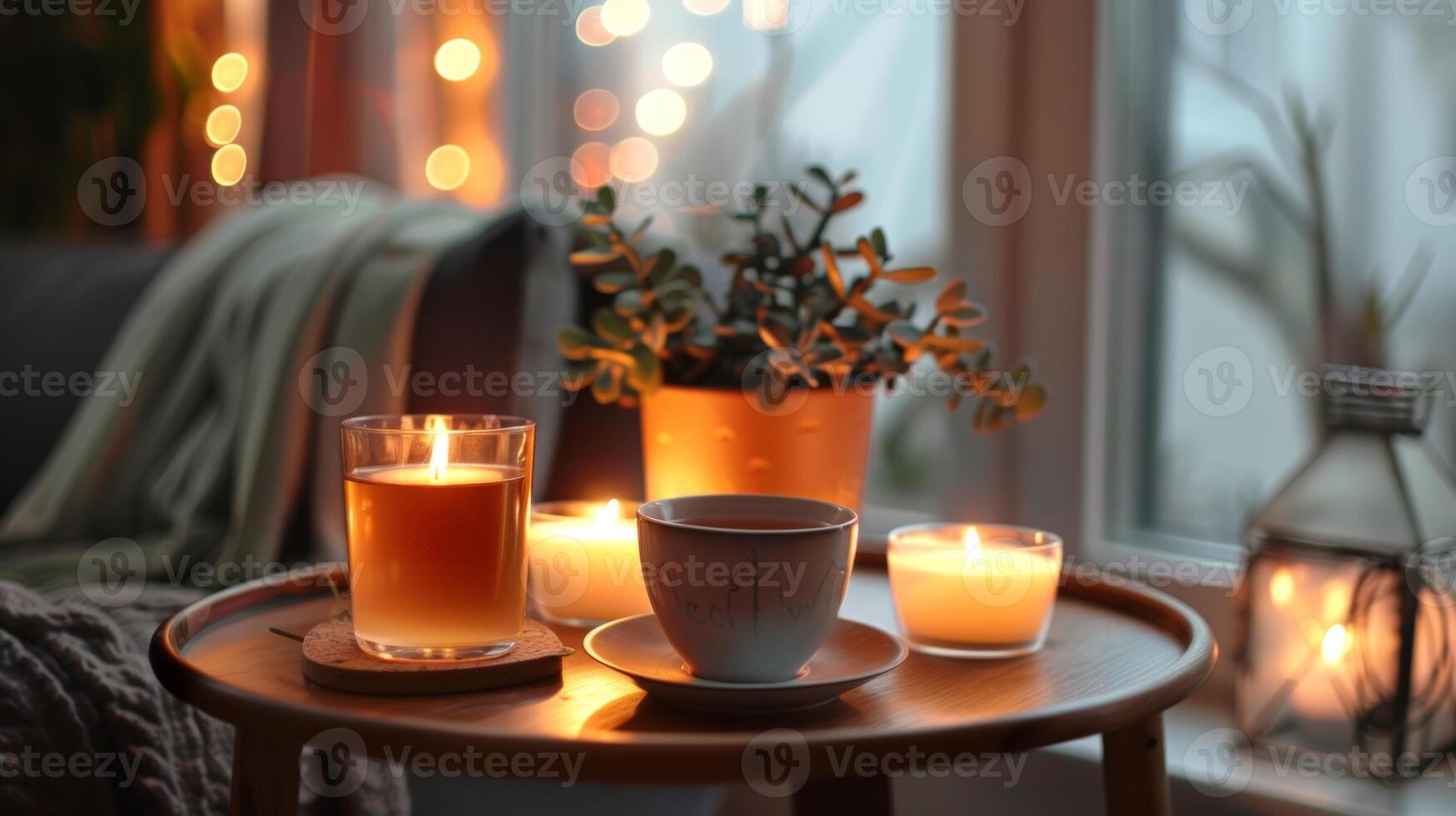 A small side table holds a cup of hot tea and a few lit candles creating the perfect setting for a relaxing reading session. 2d flat cartoon photo