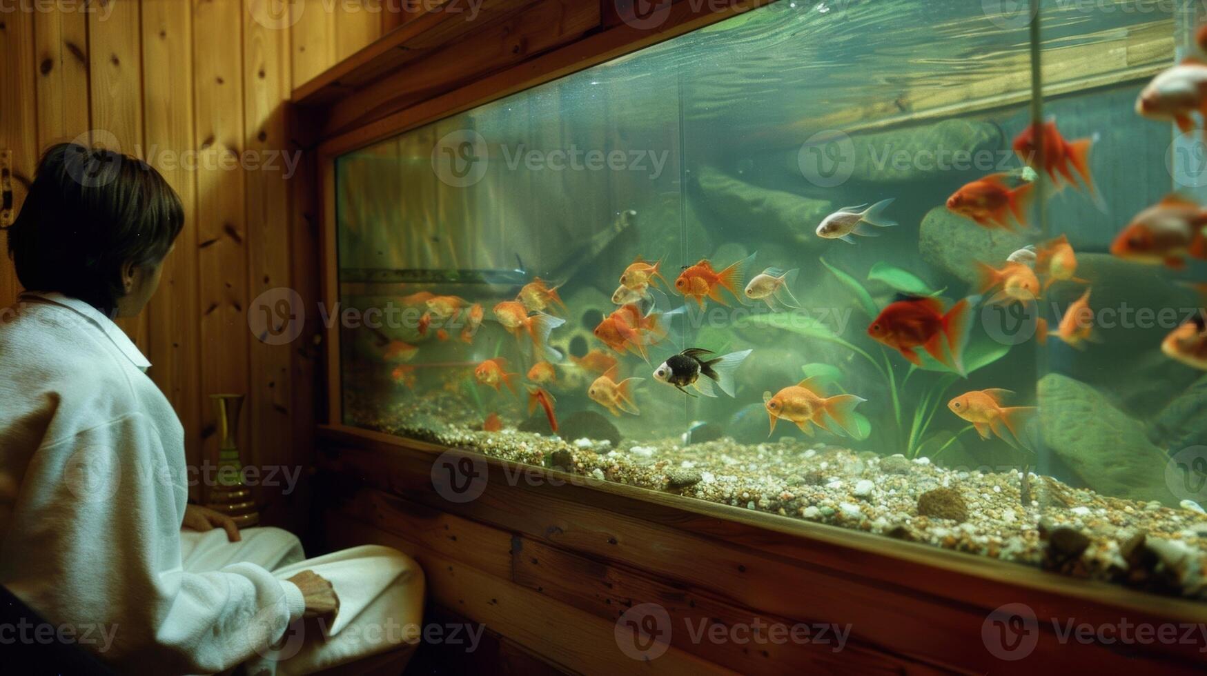 A fish tank p near a sauna the fish swimming leisurely as their owner relaxes inside. photo